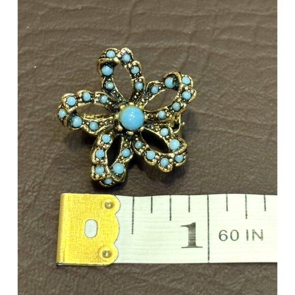 Vintage ARTHUR PFPPER Signed ART Faux Turquoise Gold Tone Floral Brooch Pin - Picture 4 of 5